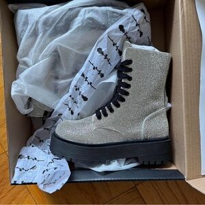 POSTER GIRL Silver Glitter Combat Boots, New